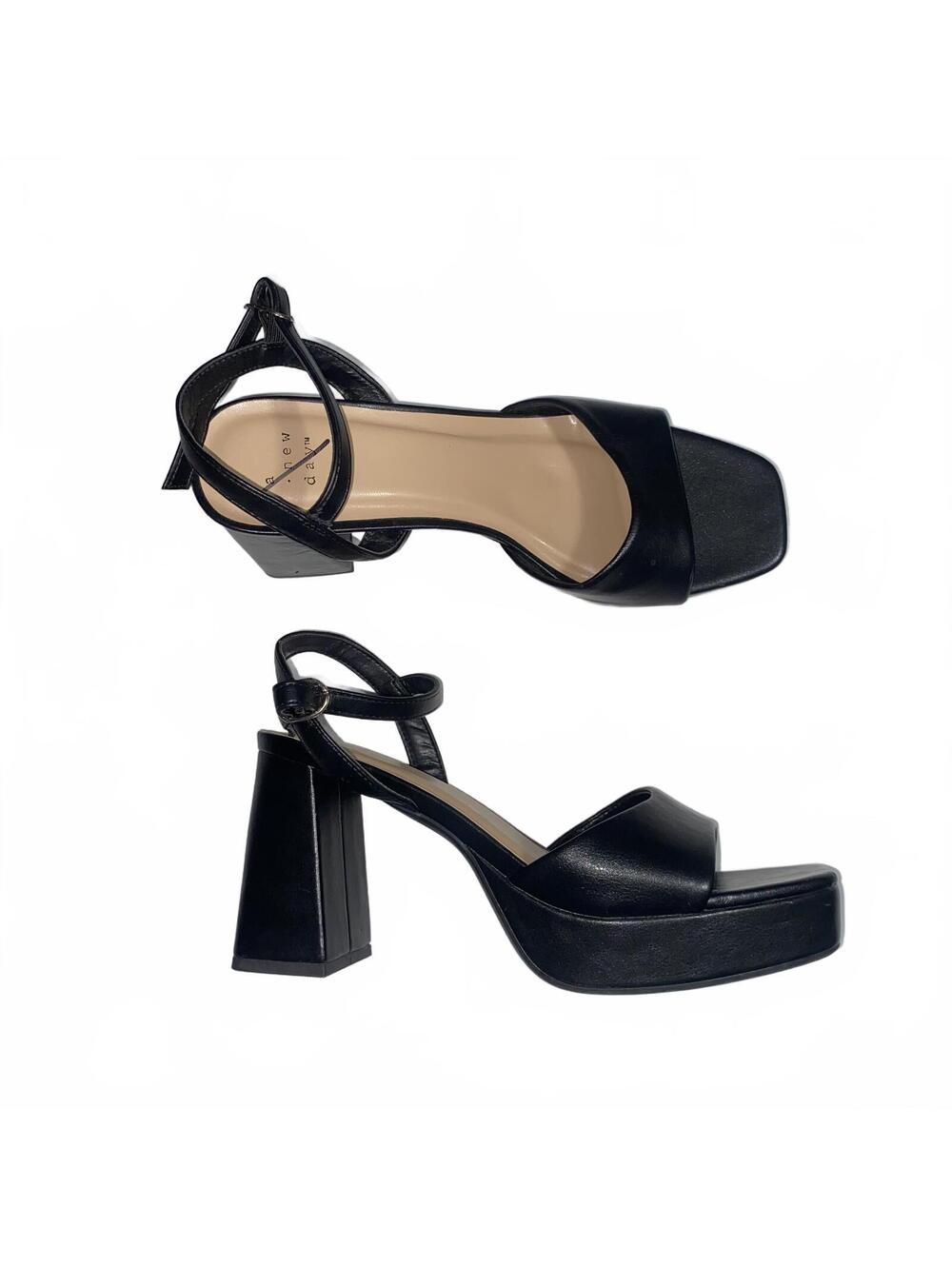 A New Day Size 9 Black Platform Heels Ankle Strap Block Heel Sandals Chic